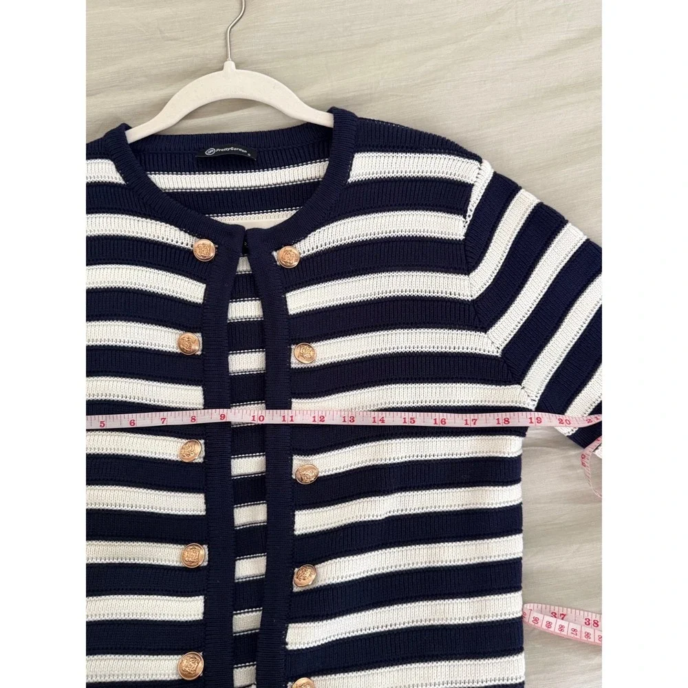 PrettyGarden Navy White Striped Cropped Cardigan‎ Gold Button Sweater Small NWOT
